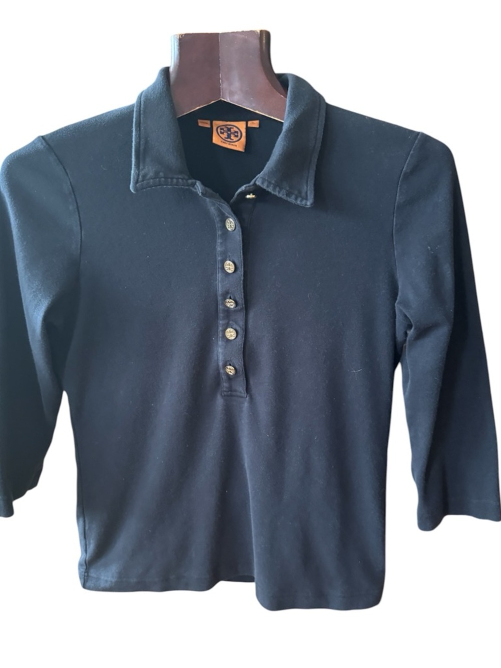 Tory Burch Black Long-Sleeve Polo with Button Placket size XL